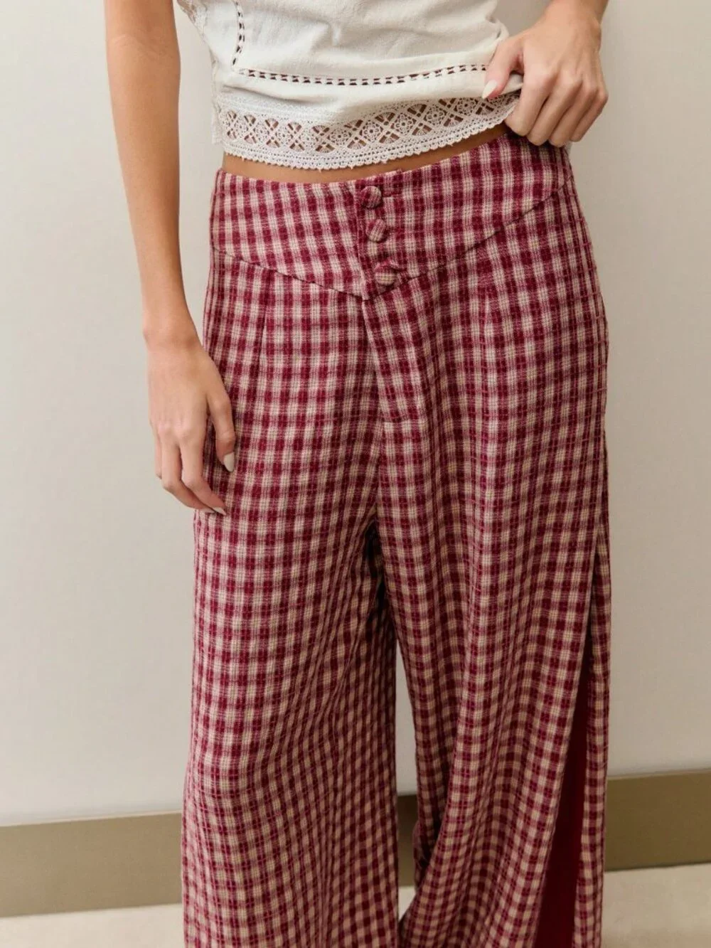 Burgundy Casual Women's Plaid Color Blocked High-Waisted Loose Wide-Leg Trousers